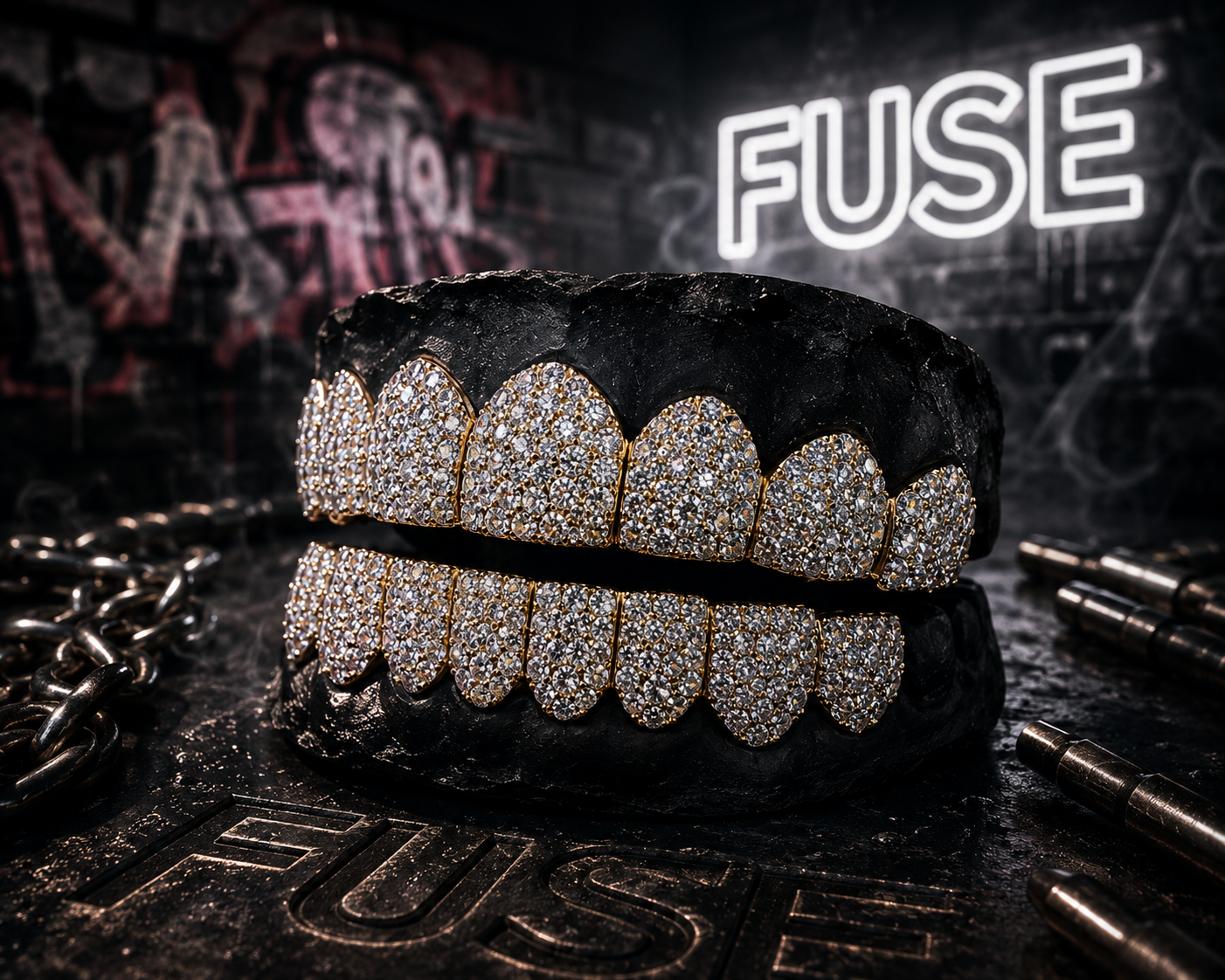 Iced-out diamond and gold custom grillz by Fuse Essentials