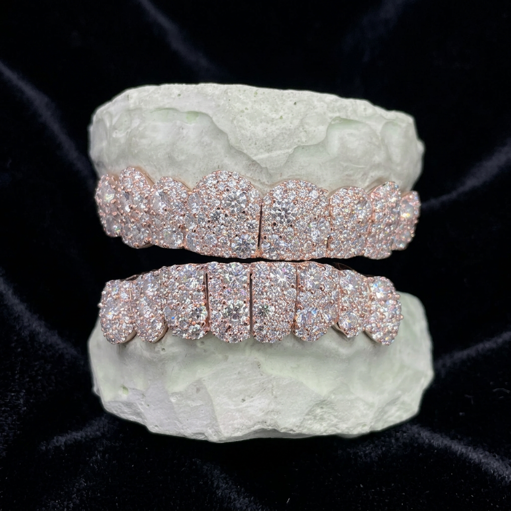 Rose gold diamond grillz set on black velvet